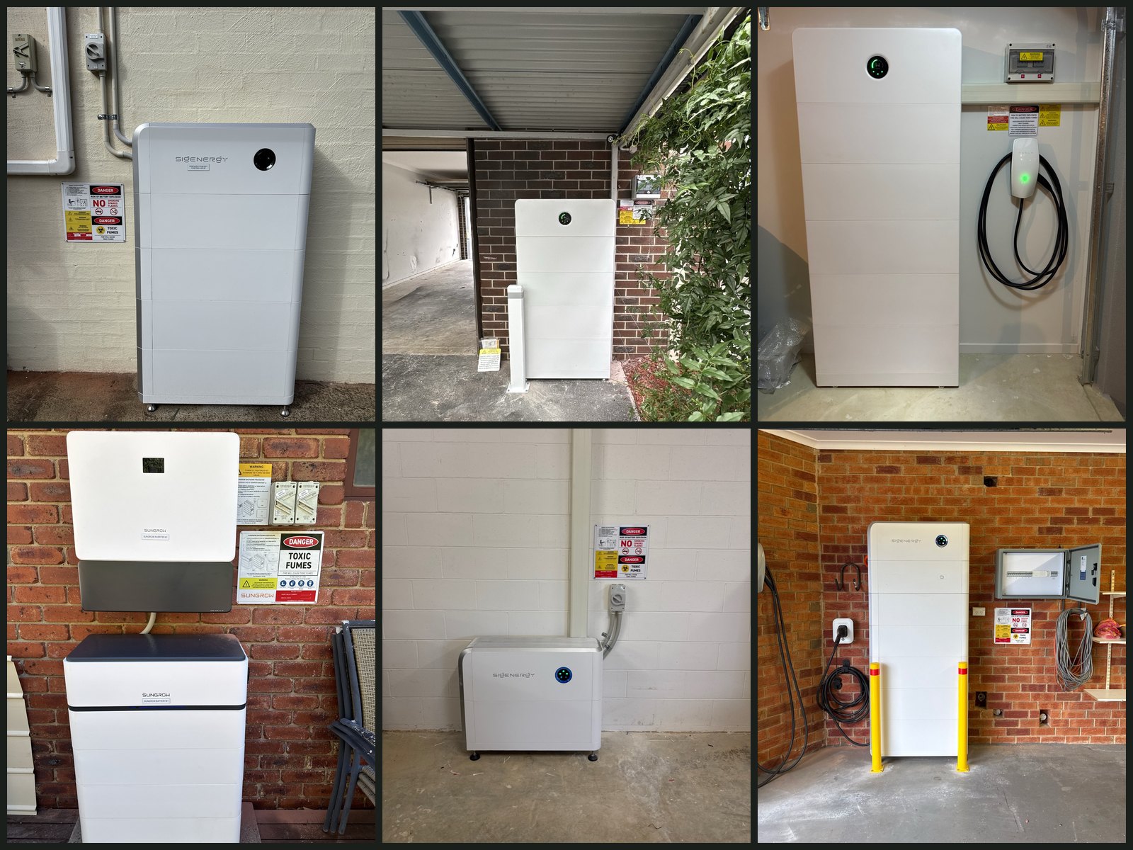Collage of Oasis Electrical home battery installs including Sigenergy and Sungrow