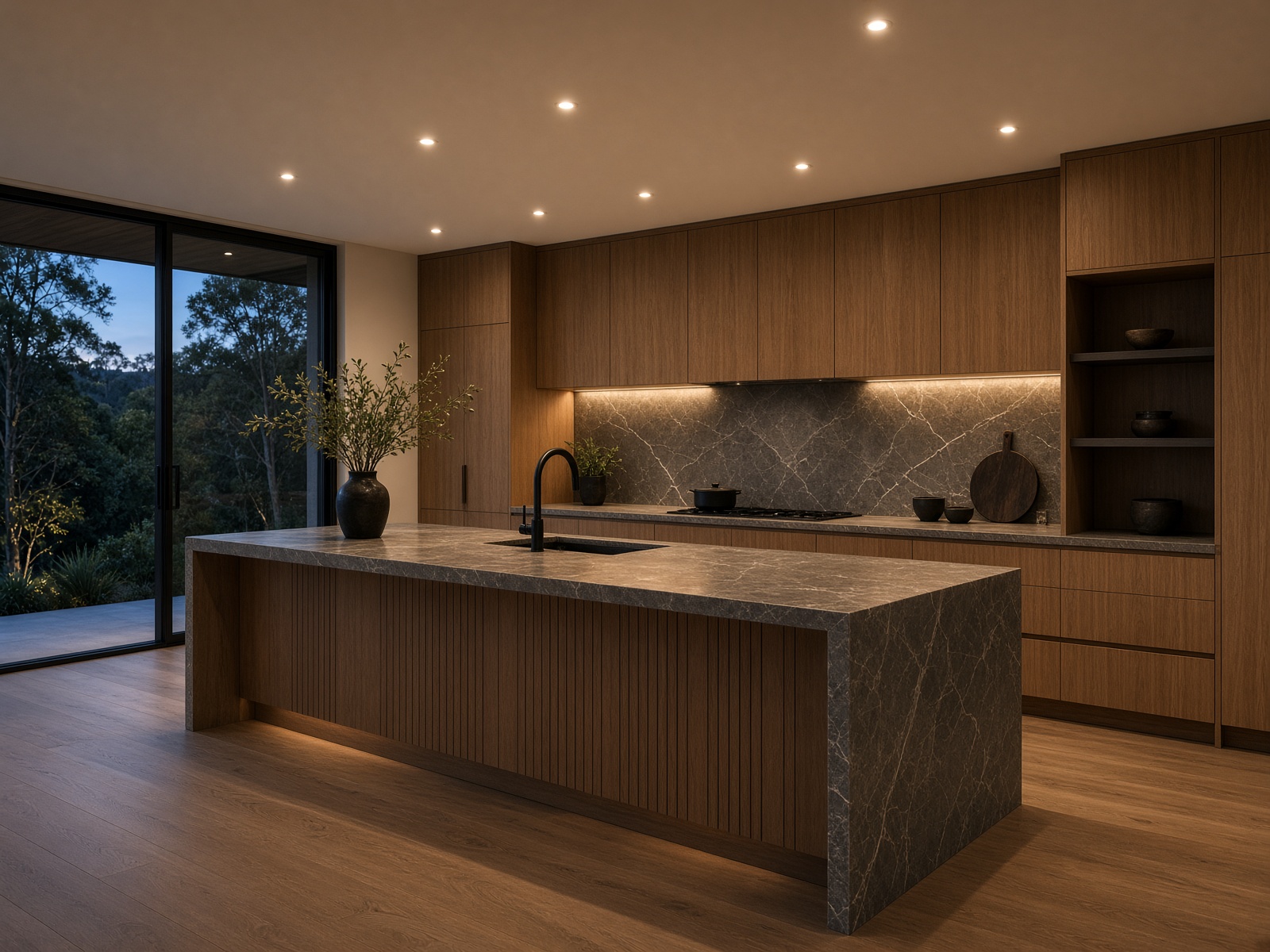 Kitchen lit by recessed LED downlights